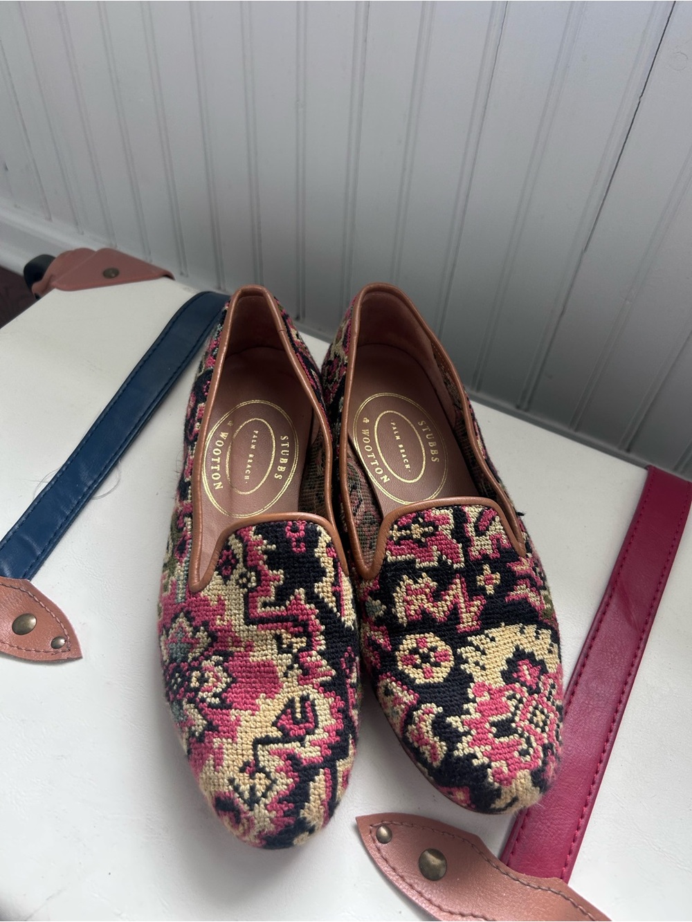 Stubbs & Wootton Pink Black Cream Tapestry Loafers